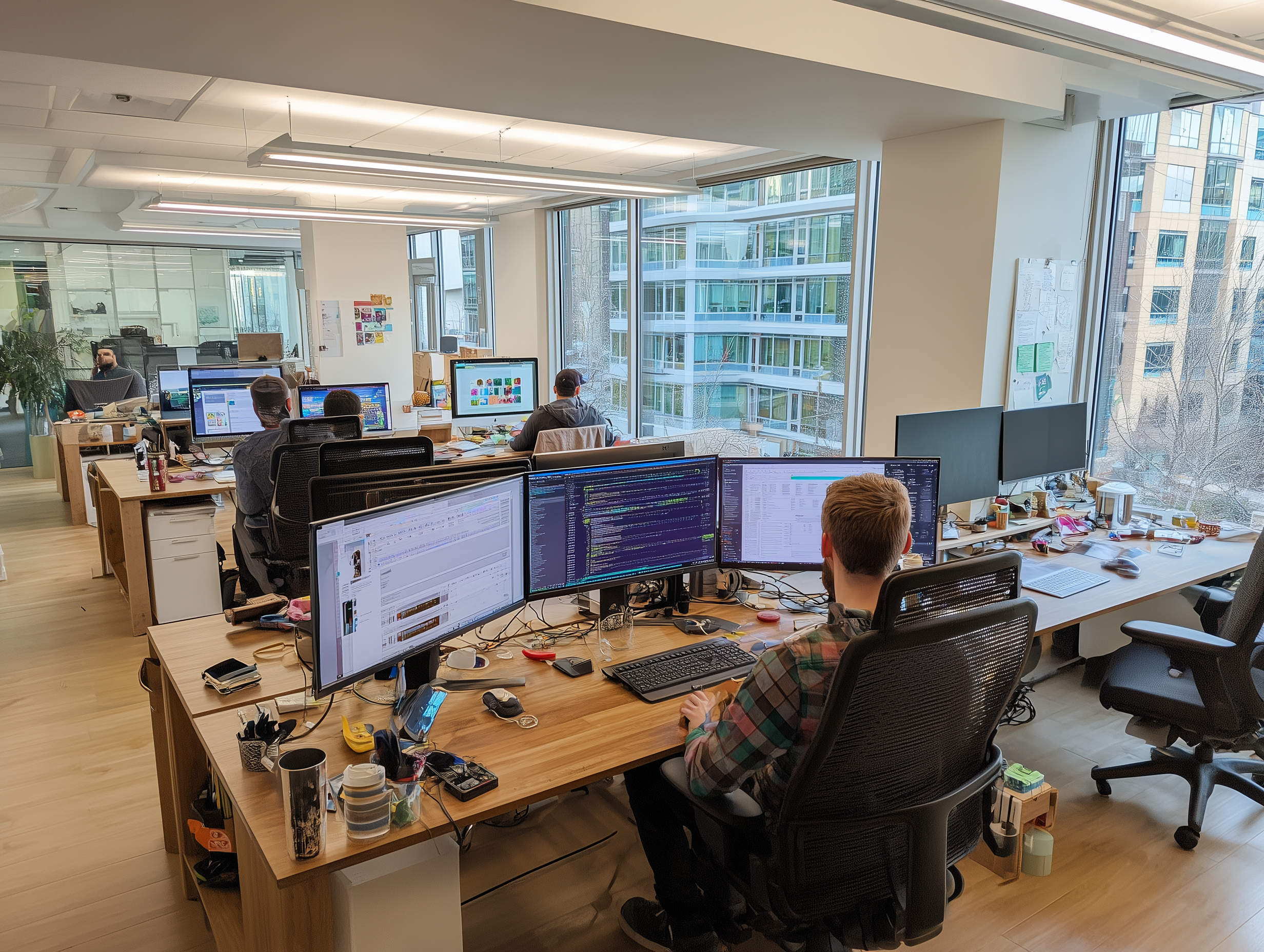 UPTab office with employees working at their desks with multiple computer monitors.
