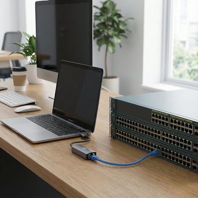 Laptop connected to a network switch on a desk with office setting