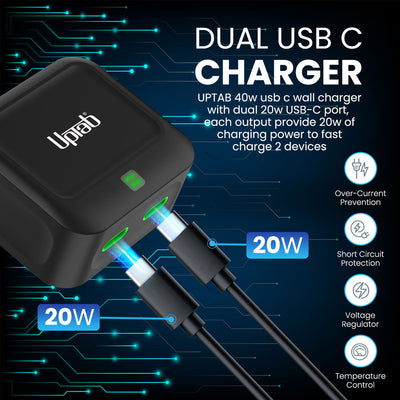 UPTab 40W USB C Charger, Fast Compact Adapter 2 Port PD Wall Compact Foldable Power Adapter for iPhone 15/Plus/Pro/Pro Max 14/Mini/Pro/Pro Max /12, Galaxy S22/S21/S20/Note 20 PPS, Pixel, MacBook, iPad